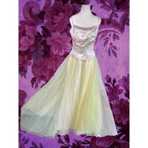 Vintage 70s Dave & Johnny Brocade Corset Tulle Green Pink Tulle Gown Size 13/14